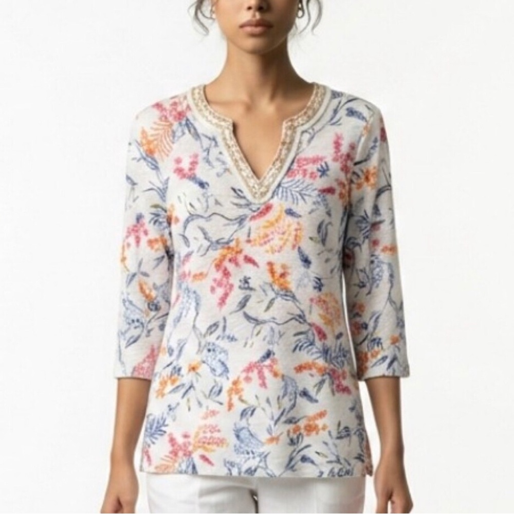 Chicos Linen Jersey Beaded Floral Tunic Top Size XL 3/4 Sleeve Beach